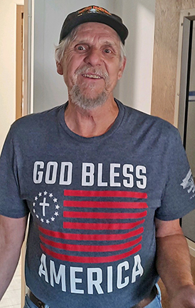 Volunteer wearing patriotic t-shirt