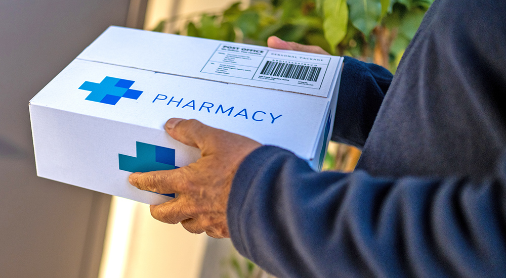 Pharmacy box of prescriptions being delivered