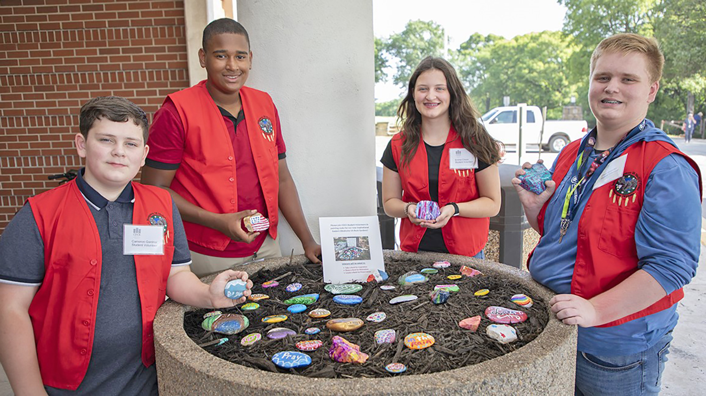 Youth volunteers around rock garden