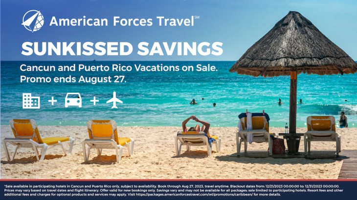 American Forces Travel summer discounts for Veterans. Beach with beach chairs, water and shade umbrella