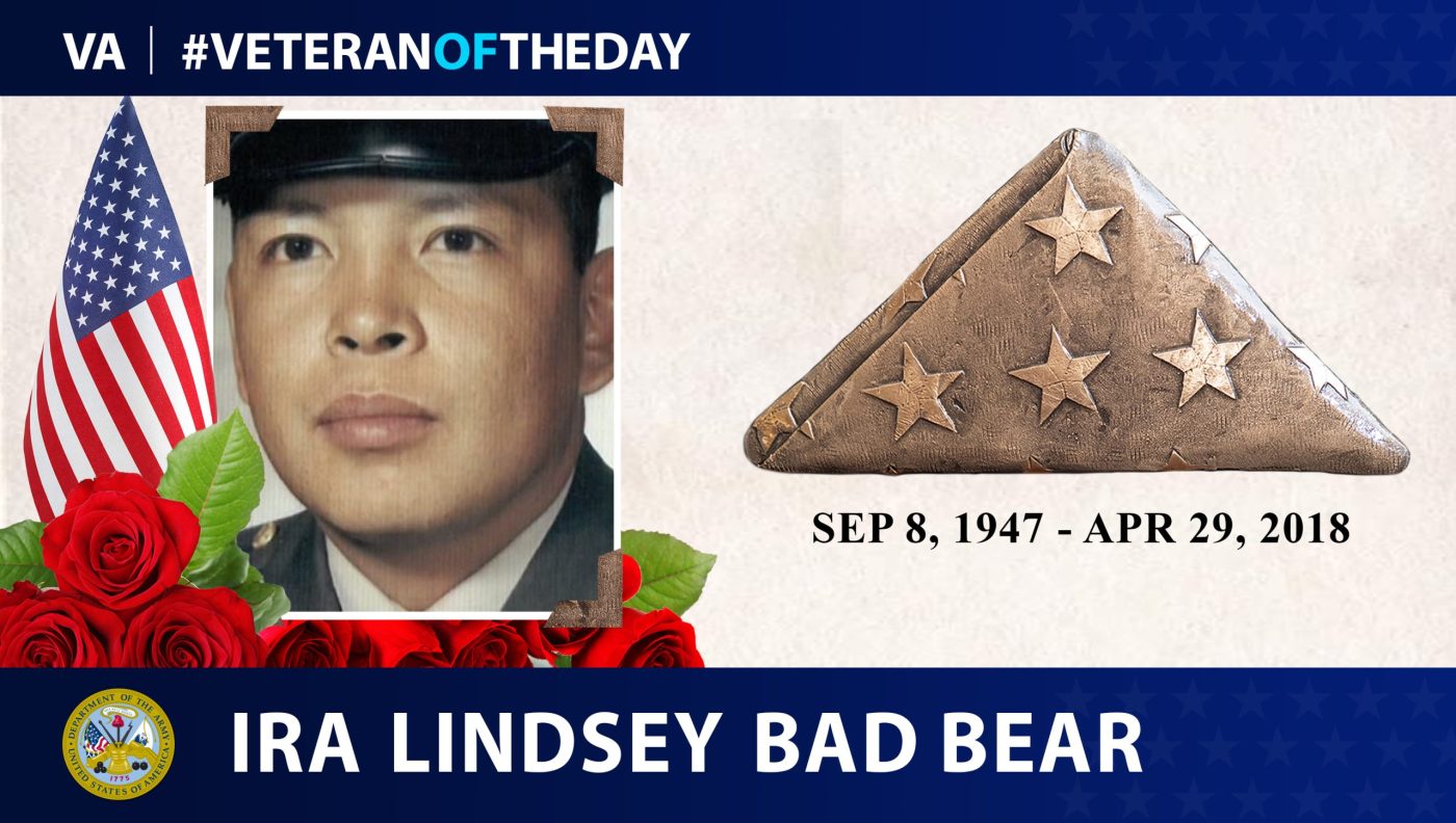 Today's #VeteranOfTheDay is Army Veteran Ira Lindsey Bad Bear, who served in Vietnam.