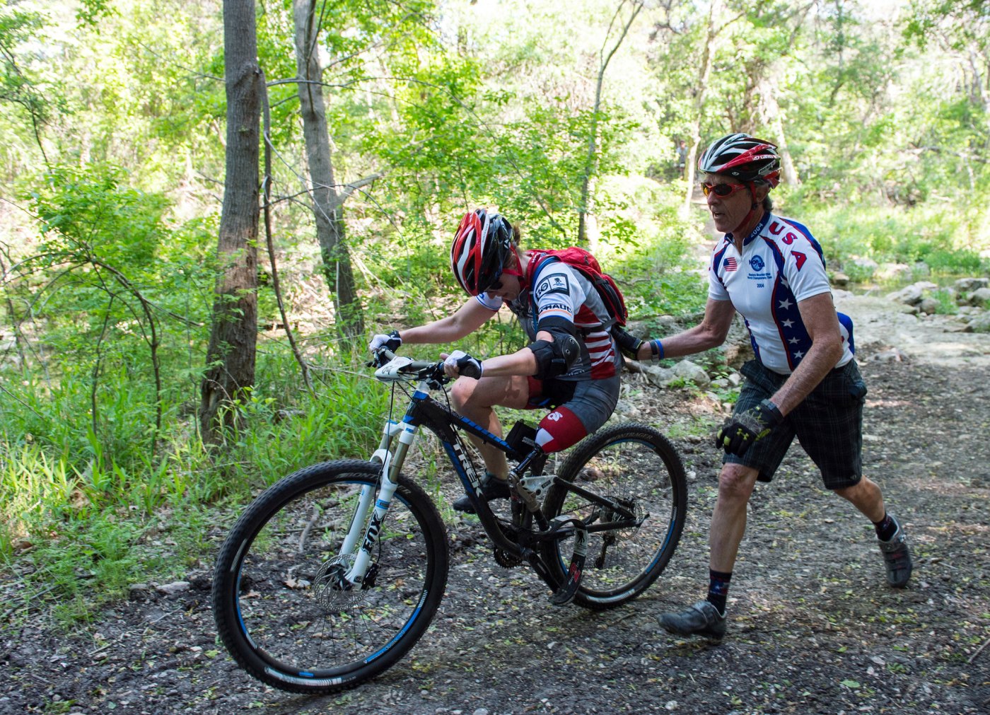 Veterans help each other cycle at the George W. Bush Institute at Prairie Chapel Ranch in Crawford, Texas.