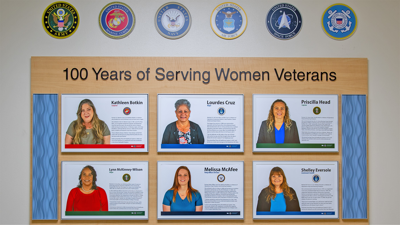 Photos of 6 women Veterans on a wall