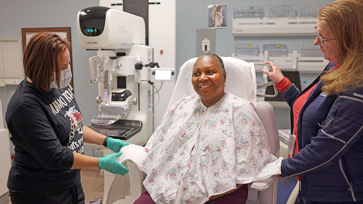 Veteran during breast imaging procedure