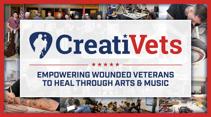 CreatiVets logo with a montage of photos of Veterans making music
