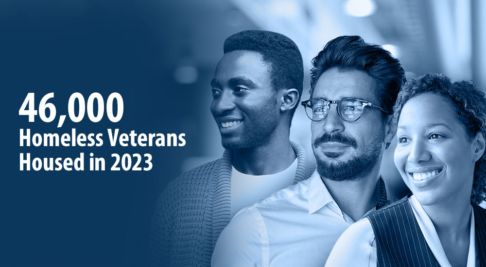 Graphic with three people on the right, text reads 46,000 Homeless Veterans Housed in 2023