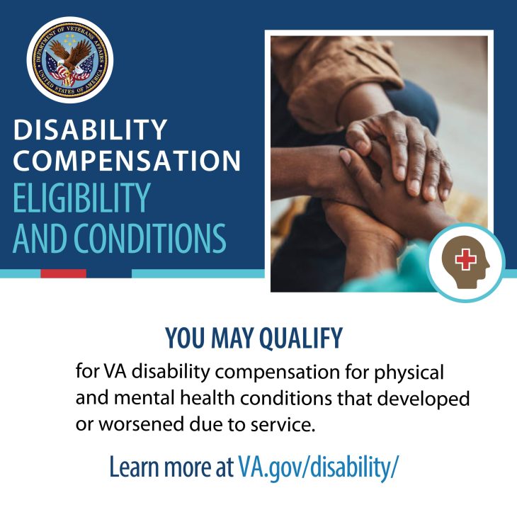 Hands clasped. Graphic states "Disability Compensation Eligibility, Conditions. You may qualify for VA disability compensation that developed or worsened due to service. Learn more at va.gov/disability/ "
