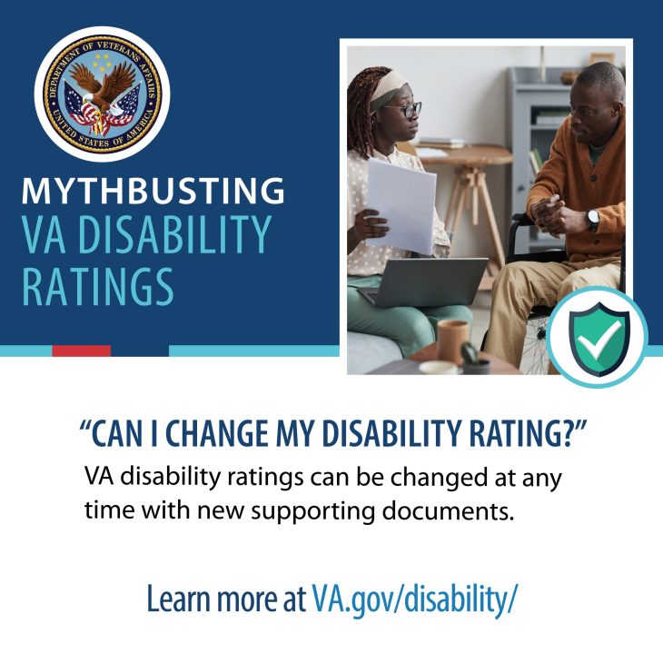 Woman and man reviewing paperwork and holding a laptop. Graphic states "Mythbusting VA disability ratings. Can I change my disability rating? VA disability ratings can be changed at any time with new supporting documents. Learn more at va.gov/disability/ "