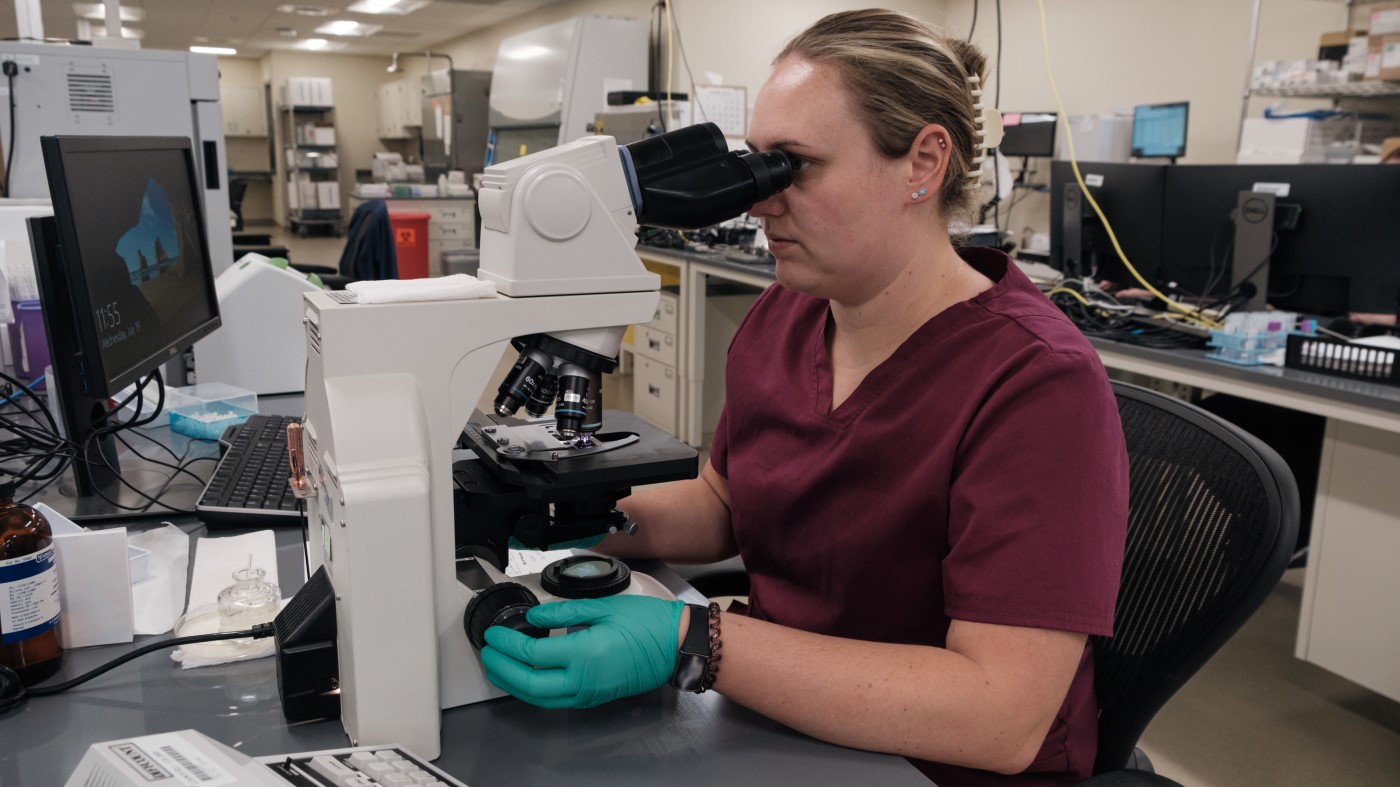 A VA employee working at a microscope.
