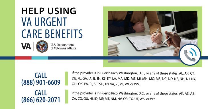 Person with their arm in a sling signing documents at a medical appointment. Words on the graphic say "Help using VA urgent care benefits."