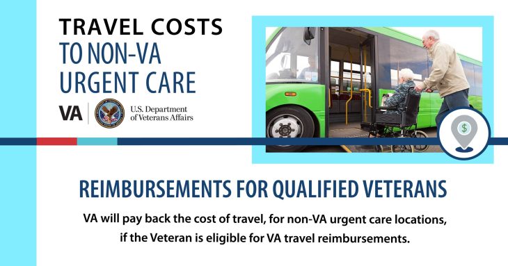 Man pushing person in a wheelchair onto a ramp of a shuttle bus. Words on graphic say "Travel costs to non-VA urgent care. Reimbursements for qualified Veterans. VA will pay the cost of travel for non-VA urgent care locations if the Veteran is eligible for VA travel reimbursement."