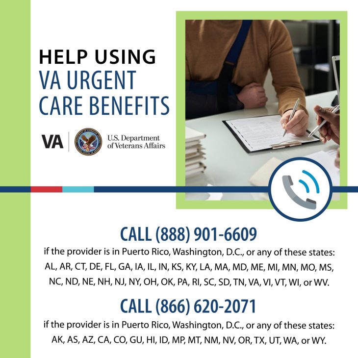 Person with their arm in a sling signing documents at a medical appointment. Words on the graphic say "Help using VA urgent care benefits."