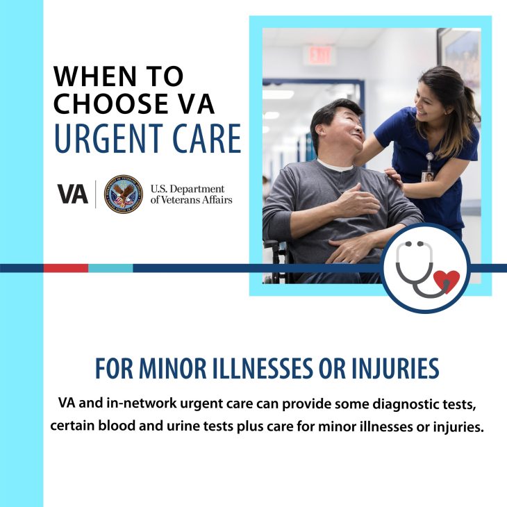Man in chair smiling while woman in medical scrubs leans over his shoulder in a caring manner. Words on the graphic say "When to choose VA urgent care. For minor illnesses or injuries. VA and in-network urgent care can provide some diagnostic tests, certain blood and urine tests plus care for minor illnesses or injuries."