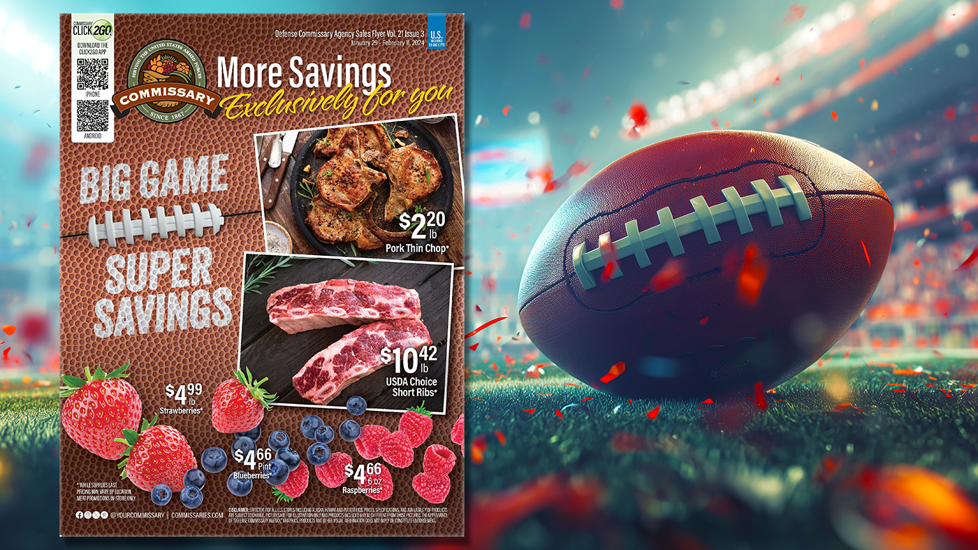Illustration of a football and confetti on a field. More savings exclusively for you. Big game super savings.