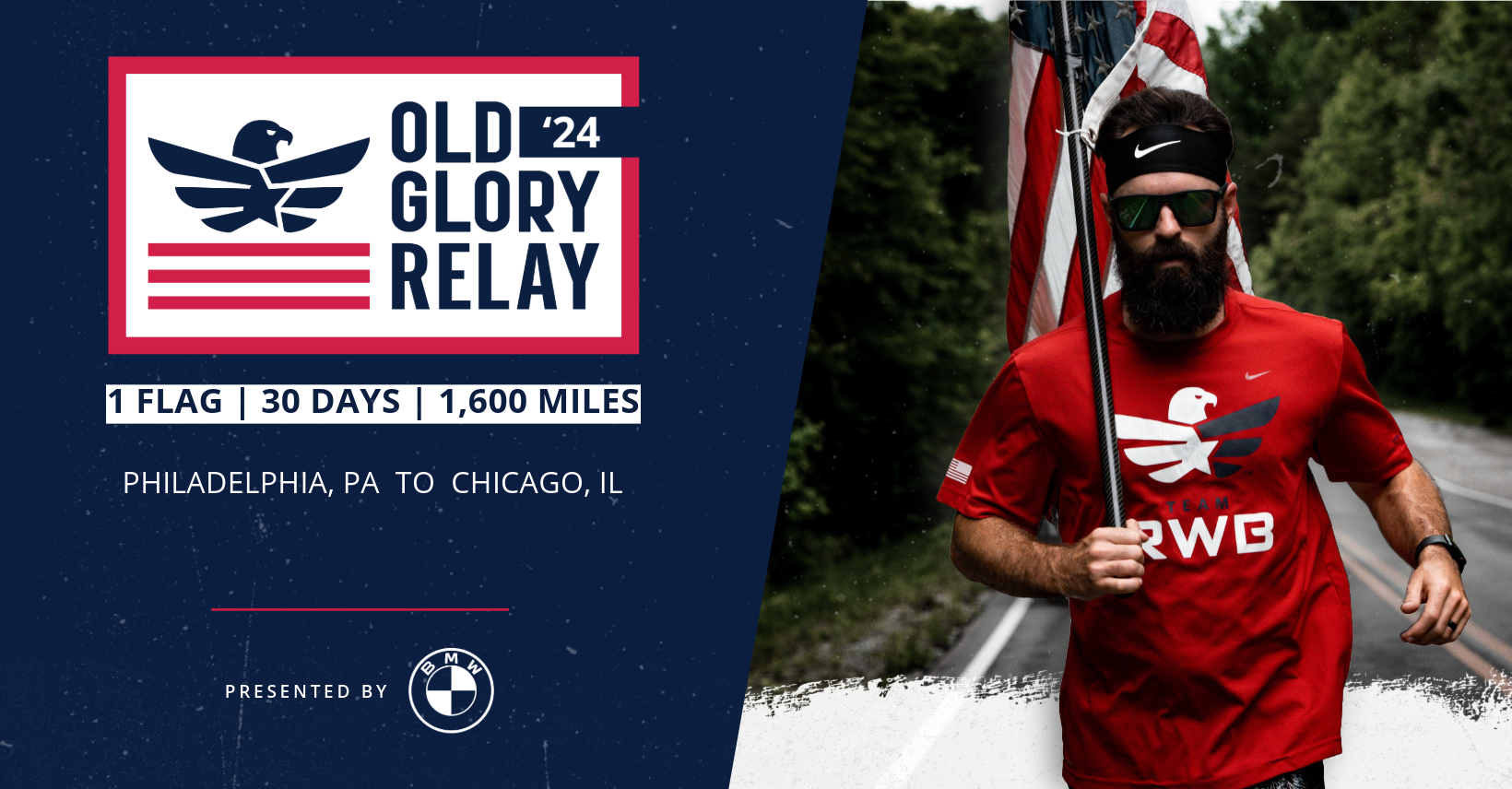 Man carrying flag while running in the Old Glory Relay by Team RWB. 1 flag, 30 days, 1,600 miles. From Philadelphia to Chicago.