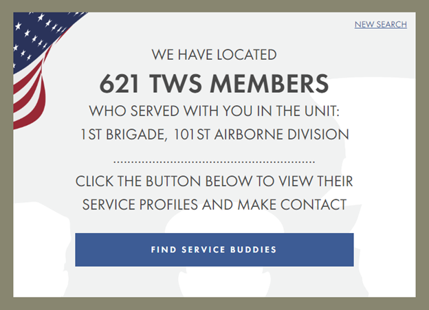 Screen shot from the buddy finder search results page on the Together We Served website.