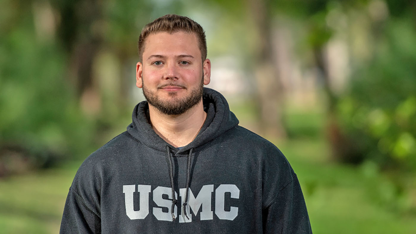Veteran in USMC sweatshirt; suicide prevention