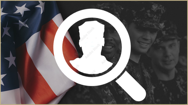 Illustration of a magnifying glass with a silhouette of a military member in the center with a backdrop of the American flag and images of two service members.