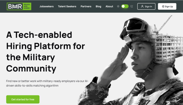 Man in military uniform saluting. Bridge My Return is a tech-enabled hiring platform for the military community.