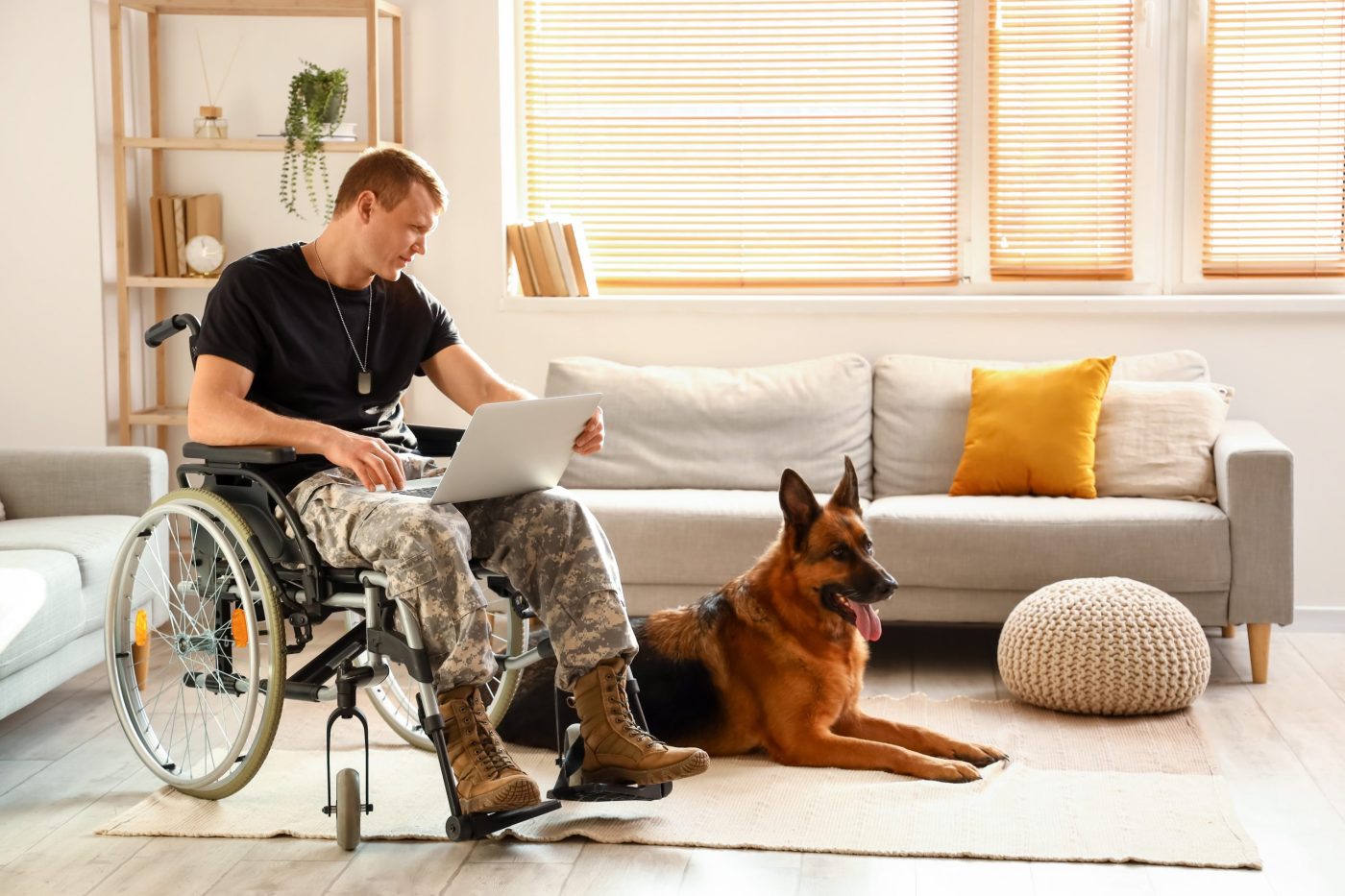 Veteran with laptop and dog
