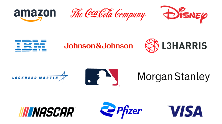 A variety of logos from corporations including, Coca Cola, Amazon, Disney, Morgan Stanley, MLB, Visa, IBM, Johnson and Johnson, LJ Harris, Pfizer and Nascar.