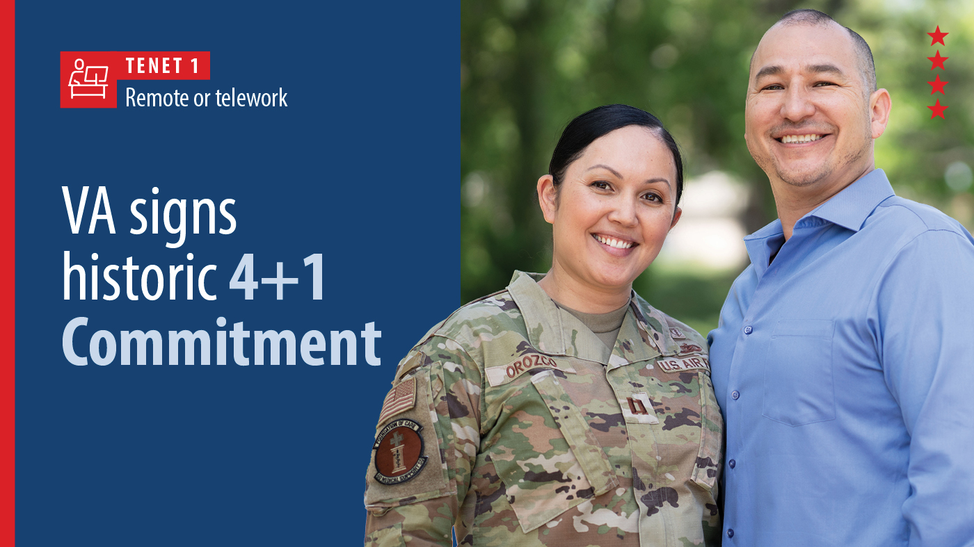 A member of the military and her military spouse next to a banner that says, “VA signs historic 4+1 Commitment” and “Tenet 1: Remote or telework.”