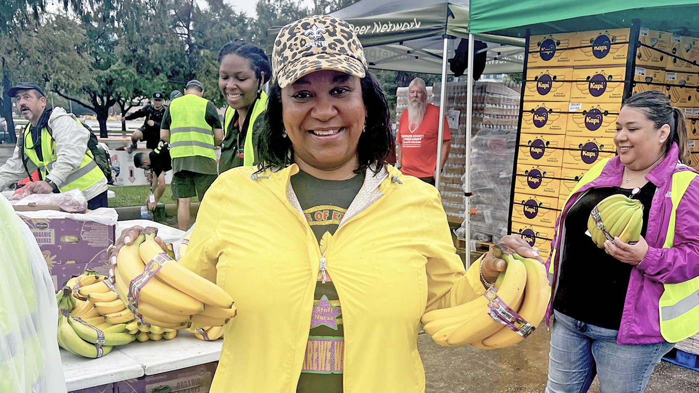 Employee with bananas; food pantries