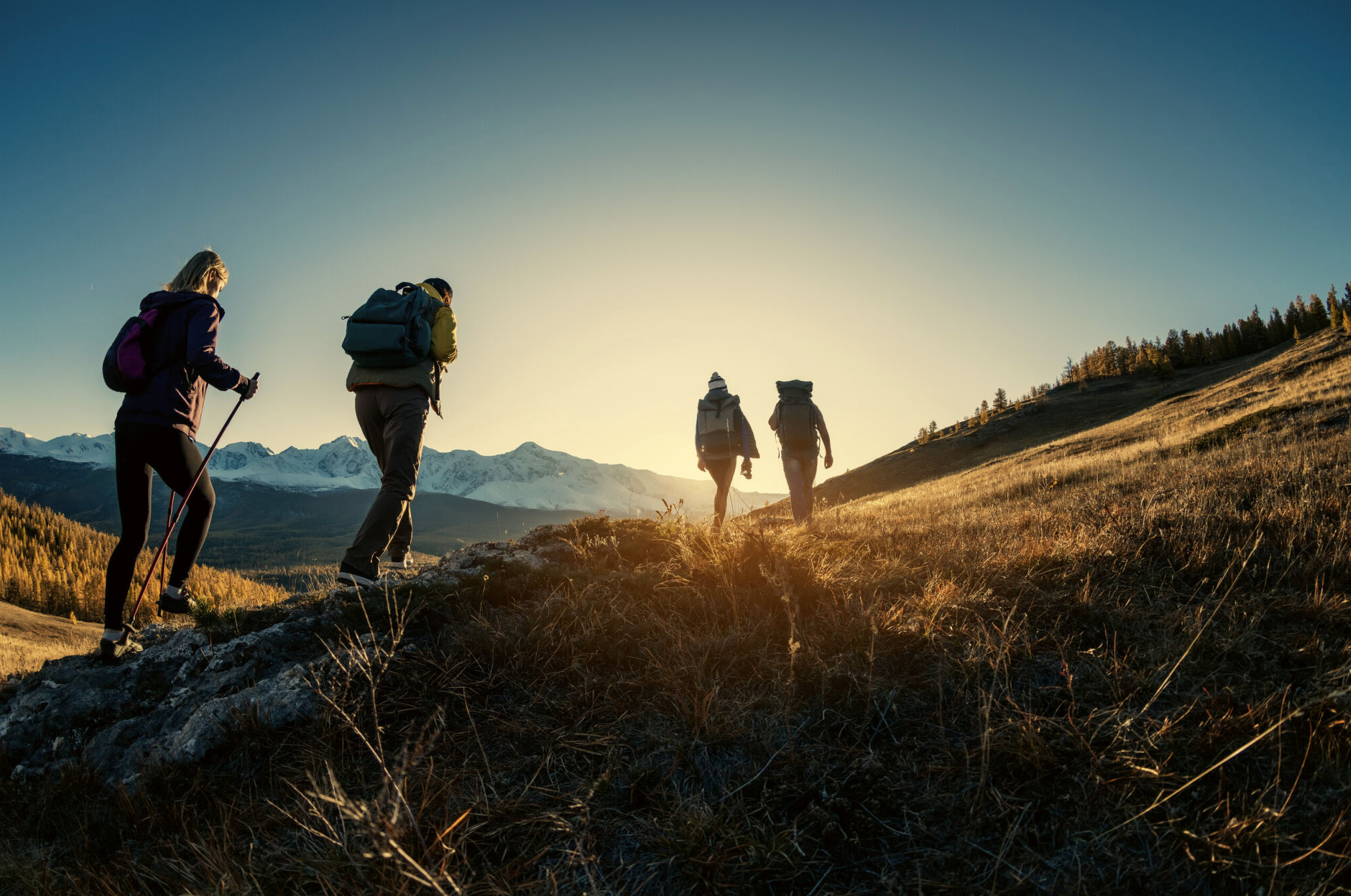 Four people hiking on a hill in the sun for UV Safety Month article.