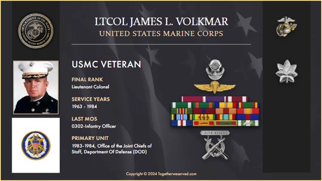 Military service plaque showing medals, ribbons and service history of Marine lieutenant colonel.