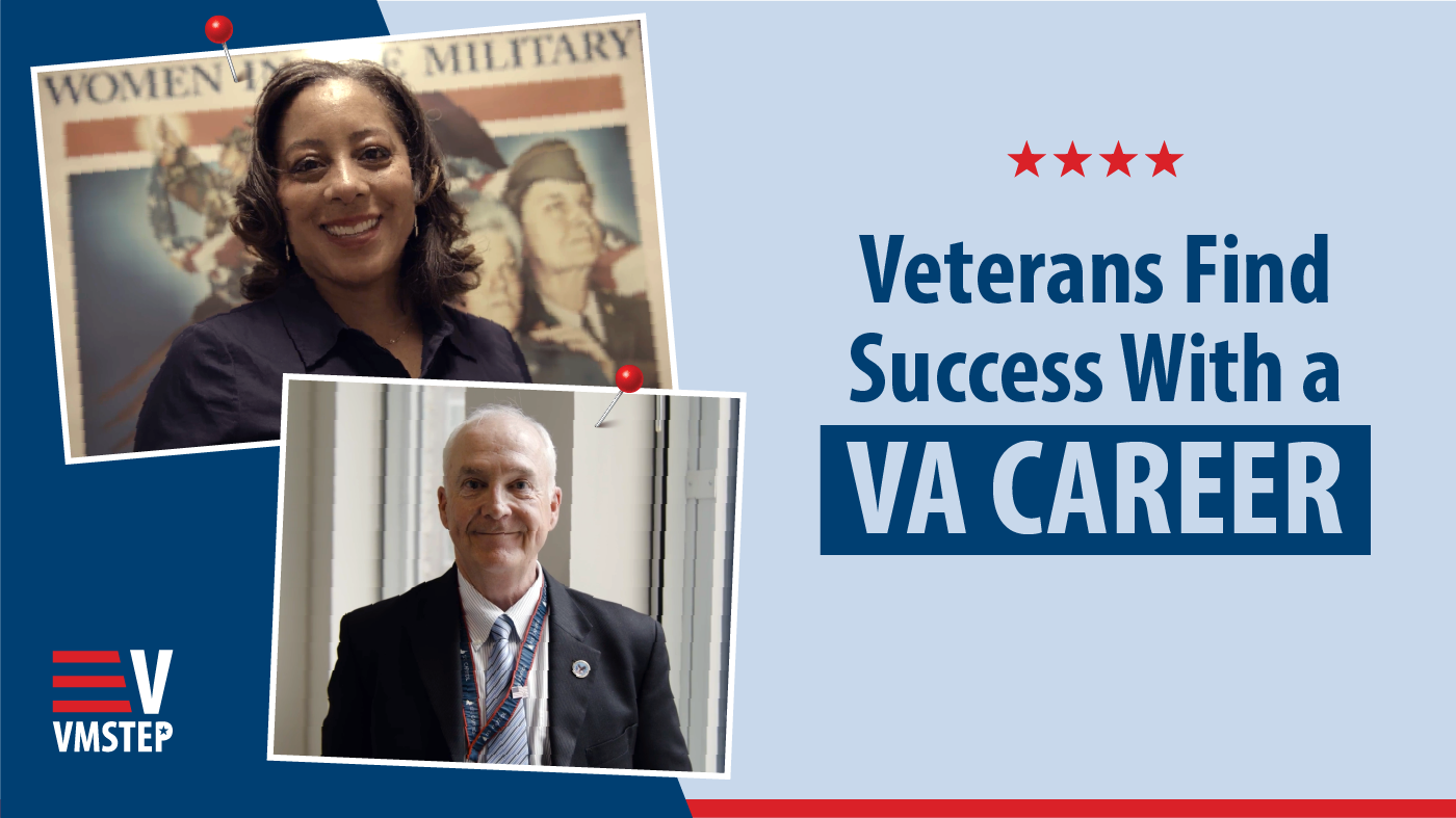 A banner that reads “Veterans find success with a VA career,” with photos of VA employees Dana Jones and Bradley Page.