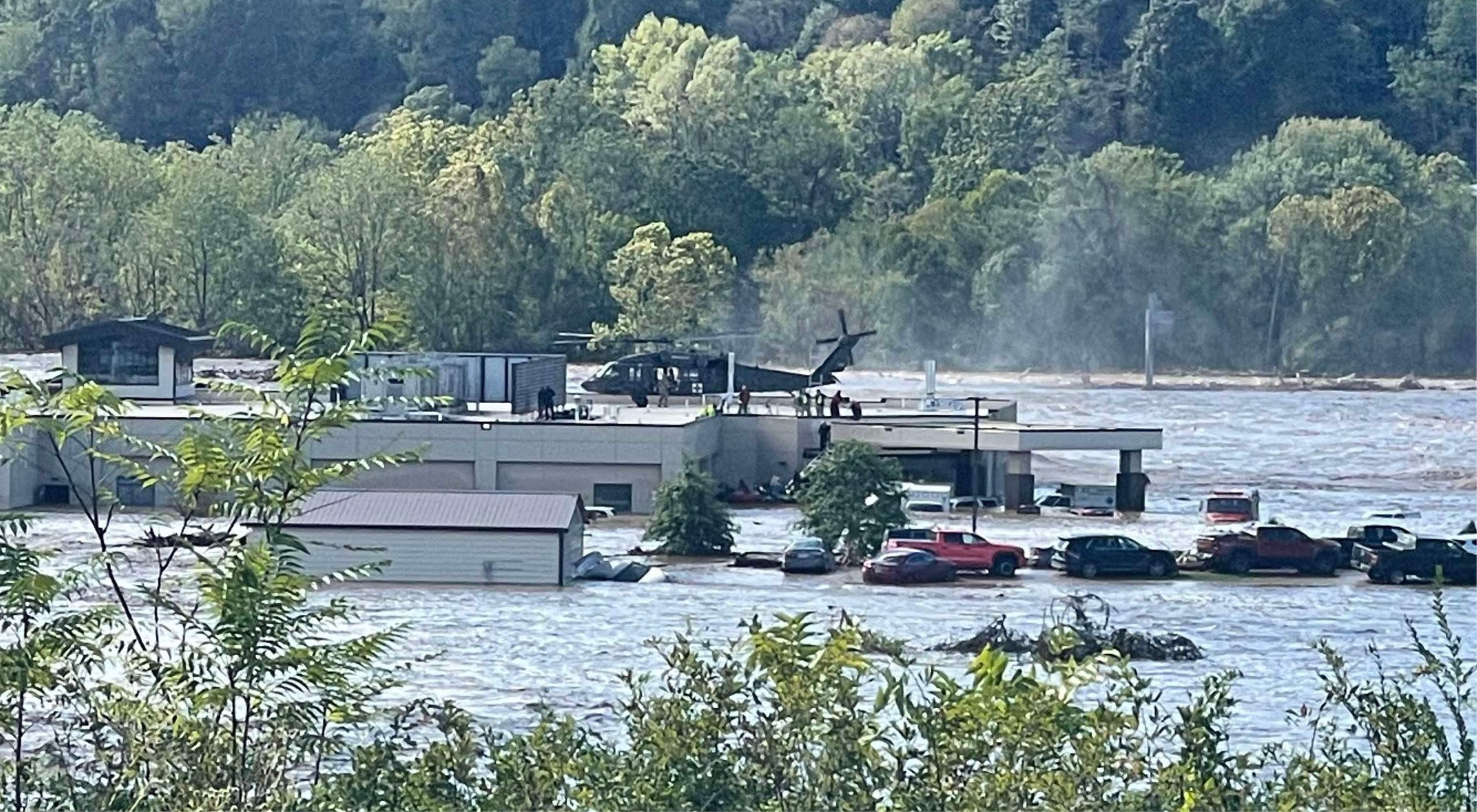 Helicopter landed atop a medical facility.